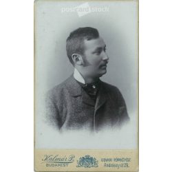   1899 - Studio portrait of a young man. Produced by Péter Kalmár’s photography studio in Budapest.  Cabinet card / CDV photo / hardback photo. (2792175)