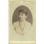 Early 1900s - Studio portrait of a young woman. Produced by the photography studio of József Juhász, Kassa.  Cabinet card / CDV photo / hardback photo. (2792178)