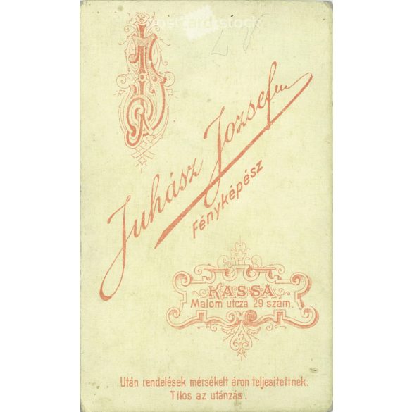 Early 1900s - Studio portrait of a young woman. Produced by the photography studio of József Juhász, Kassa.  Cabinet card / CDV photo / hardback photo. (2792178)