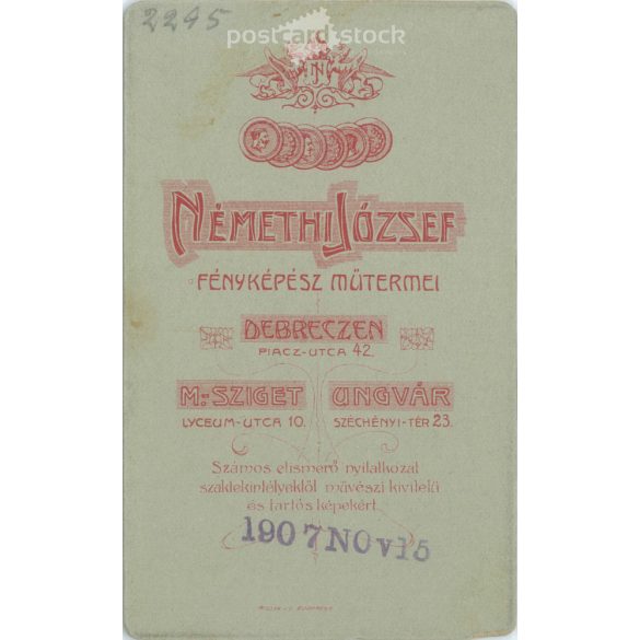 Early 1900s - Studio portrait of a middle-aged man. Produced by József Némethi’s photography studio in Debrecen.  Cabinet card / CDV photo / hardback photo. (2792181)