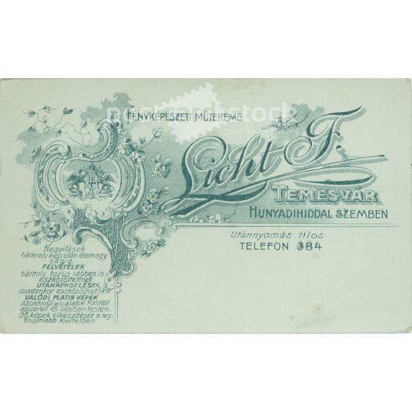 Early 1900s - Studio portrait of a young man. It was made by Ferenc Licht’s photographic studio in Timișoara.  Cabinet card / CDV photo / hardback photo. (2792182)