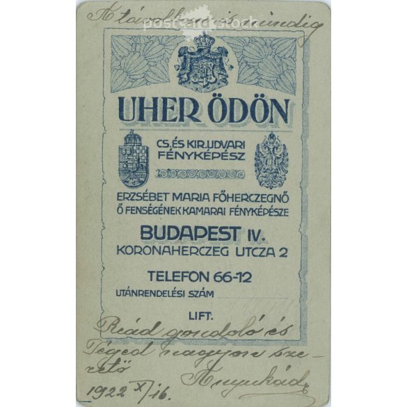 1922 - Studio portrait of a middle-aged woman. Produced by Ödön Uher’s photography studio in Budapest.  Cabinet card / CDV photo / hardback photo. (2792190)