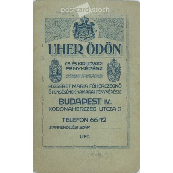 1920s - Studio portrait of a young woman. Produced by Ödön Uher’s photography studio in Budapest.  Cabinet card / CDV photo / hardback photo. (2792192)