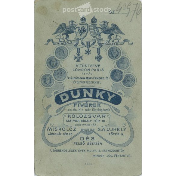 Early 1900s - Studio portrait of a young man. It was made by Dunky brothers photography studio, Cluj.  Cabinet card / CDV photo / hardback photo. (2792194)