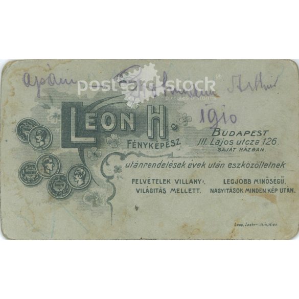 1910 - Studio portrait of a middle-aged, elegant gentleman, Artúr Grohmann. It was made by Leon H.’s photography studio in Budapest.  Cabinet card / CDV photo / hardback photo. (2792198)