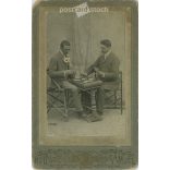 Early 1900s - Studio photo of men playing cards, full length. It was made by Helfgott’s photography studio in Városliget, Budapest.  Cabinet card / CDV photo / hardback photo. (2792201)