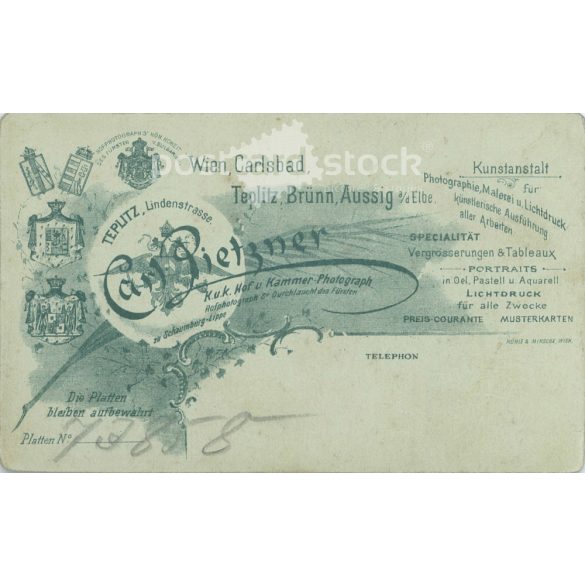 Early 1900s - Full-length studio photo of a middle-aged, elegant, knitting lady. Made by Carl Pietzner, photographic studio, Vienna.  Cabinet card / CDV photo / hardback photo. (2792204)