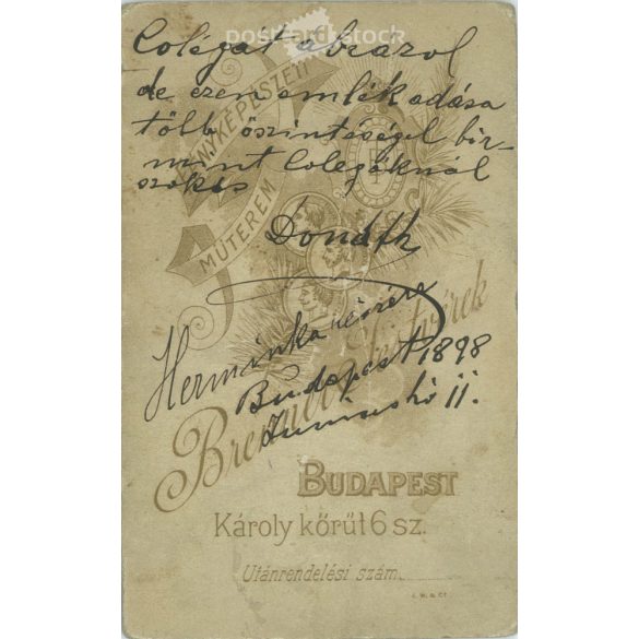 1898 - Studio portrait of Donáth. Memorial for Herminka. It was made by the photography studio of the Brenner brothers in Budapest.  Cabinet card / CDV photo / hardback photo. (2792206)