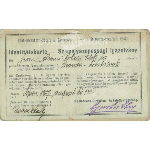 1907 - Studio portrait of a middle-aged man. It was made by J. Brückner’s photography studio in Sopron. Identity card.  Cabinet card / CDV photo / hardback photo. (2792208)