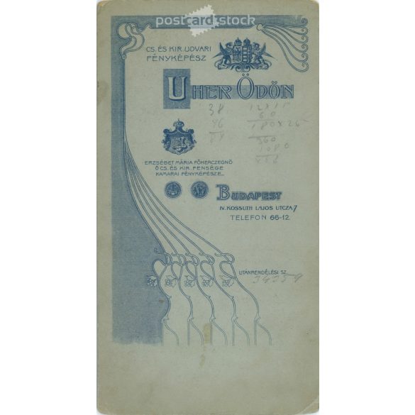 Early 1900s. Woman in lace dress, studio shot. It was made by Ödön Uher, his photography studio, in Budapest. Original  Cabinet card / CDV photo / hardback photo. (2792231)