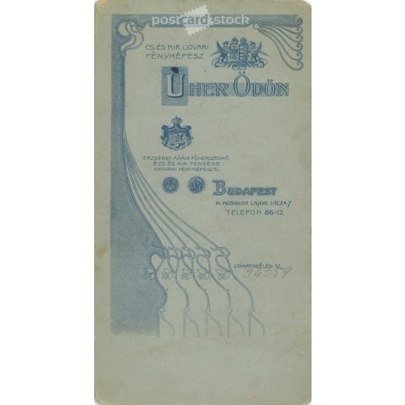 Early 1900s. Woman in lace dress and hat, studio shot. It was made by Ödön Uher, his photography studio, in Budapest. Original  Cabinet card / CDV photo / hardback photo. (2792232)