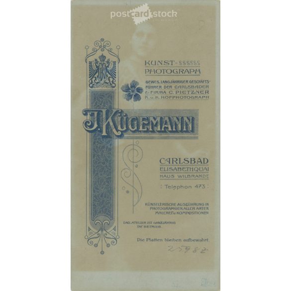 Early 1900s. Elegant young woman in hat and fashionable dress. Made by Kügemann, photographic studio, Carlsbad. Original  Cabinet card / CDV photo / hardback photo. (2792238)