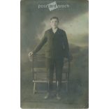 1930s. Full-length photo of an unknown young boy. It was made in the studio of Foto-lux photography company. Ráday Street, Budapest. Colored photo sheet, postcard. Original paper image. (2792278)
