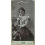 Late 1890s. Unknown young woman with book in hand, full length photo. It was made in the photography studio of Mai and Társa. Budapest. Original  Cabinet card / CDV photo / hardback photo. (2792280)