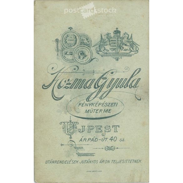 1910s. Young woman, in polka dot dress, identity unknown. The photo is by Gyula Kozma, taken in a photography studio in Újpest. Original  Cabinet card / CDV photo / hardback photo. (2792309)