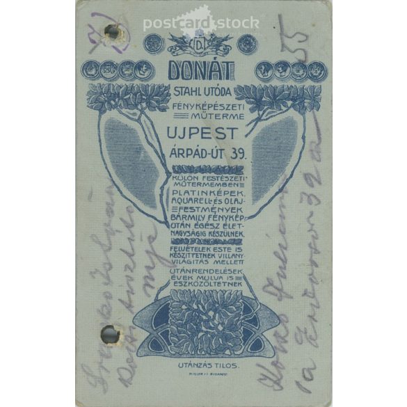 1910s. Portrait photo of Júlianna Kovács. The photo was taken in the photography studio of Donát Stahl’s successor in Újpest. Original  Cabinet card / CDV photo / hardback photo. (2792345)