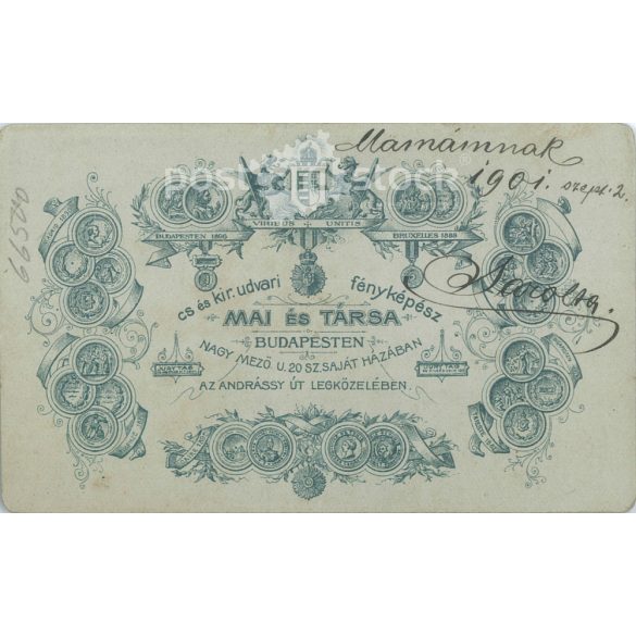 1901 - Portrait of a young woman in elegant attire. For Mom, with the inscription Sarolta. The photo was taken in Mai és Társa’s photography studio in Budapest. Original  Cabinet card / CDV photo / hardback photo. (2792346)