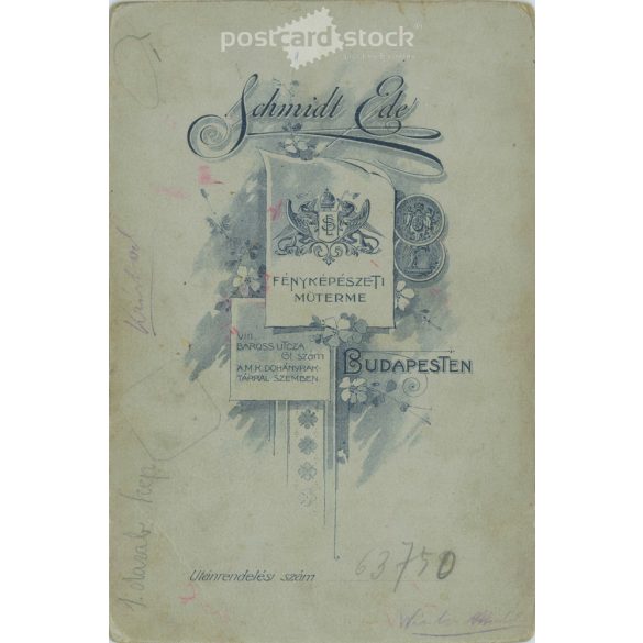 Early 1900s. Studio portrait of young woman. His identity is unknown. The photo was taken in Schmidt Ede’s photography studio in Budapest. Original  Cabinet card / CDV photo / hardback photo. (2792350)