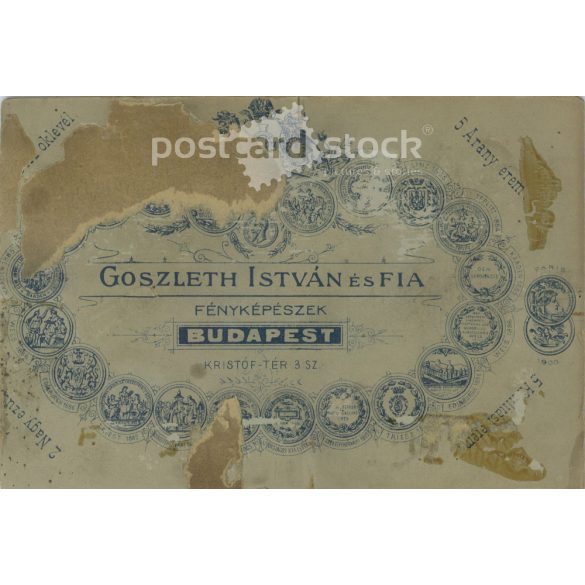 Early 1900s. Studio shot of father and son. Their identities are unknown. The photo. It was taken in the photographic studio of István Goszleth and his Son, in Budapest. Original  Cabinet card / CDV photo / hardback photo. (2792351)