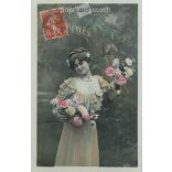 1908 - Romantic old postcard. French flower girl. Colored photo sheet. (2792391)