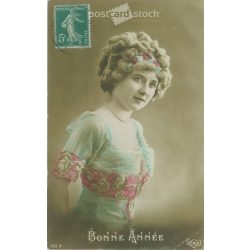   1914 - French New Year greeting, old postcard. Colored photo sheet. (2792393)
