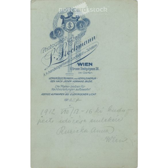 1912 - Full-length studio photo of Anna Ruzicka, taken in the photography studio of L. Stockmann. Vienna. Old photo / Cabinet photo / hardback photo. (2792395)