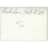 1937 - Sashalom. Grandparents with their granddaughter. Black and white original paper image, old photo. (2792400)