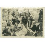 1930s, Arad. Cheerful young people on a picnic. Black and white original paper image, old photo. (2792406)