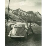 1955 - Germany. Road rest. Car tour in the mountains. Black and white original paper image, old photo. (2792415)