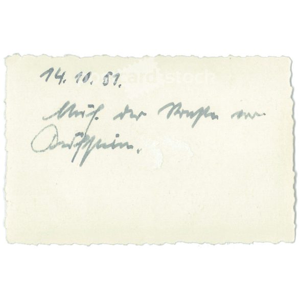 1951 - Germany. Road photo of a lady on a motorcycle. Its maker is unknown. Black and white original paper image, old photo. (2792418)