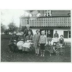   1938 - Germany. Oswald family. Family photo in front of the house. Its maker is unknown. Black and white original paper image, old photo. (2792432)