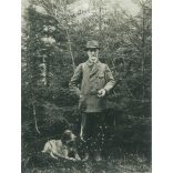 1930s. Germany. Hunter and his dog. Its maker is unknown. Black and white original paper image, old photo. (2792440)
