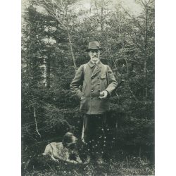   1930s. Germany. Hunter and his dog. Its maker is unknown. Black and white original paper image, old photo. (2792440)