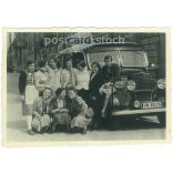 1930s. Germany. Traveling group on a road break. Black and white original paper image, old photo. (2792468)
