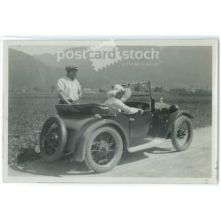   1920s. Germany. Traveling couple on a road trip. Black and white original paper image, old photo. (2792469)
