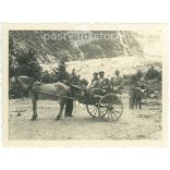 1934. Germany. Excursions by horse-drawn carriage in the mountains. Black and white original paper image, old photo. (2792476)