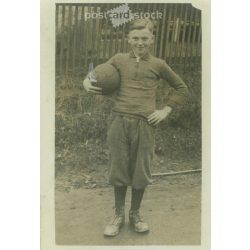   1930s. Germany. Little boy with soccer ball. Original paper image, old postcard, photo sheet. (2792503)