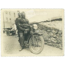   1930s. Germany. Motorcyclists. The creator of the picture and the identity of the people on it are unknown. Black and white original paper image, old photo. (2792522)