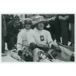 1936. Germany. The Swiss bobsleigh team at the Berlin Olympics. Black and white, reprint after an old photo, Olympic card. (2792523)