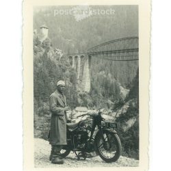   1939. Germany. Motorcycle tour in the mountains. The creator of the picture and the person on it are unknown. Black and white original paper image, old photo. (2792525)