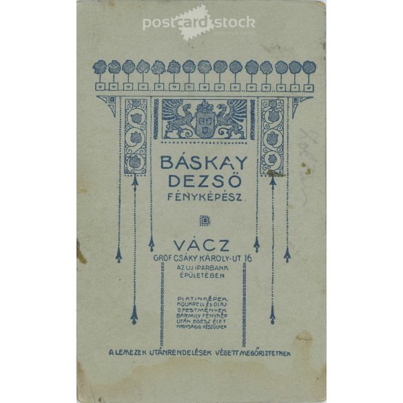 The work of the photography studio of Dezső Bácskay. Vác. Early 1900s. Studio photo of an unknown young man. Old photo, business card, CDV photo. (2792577)