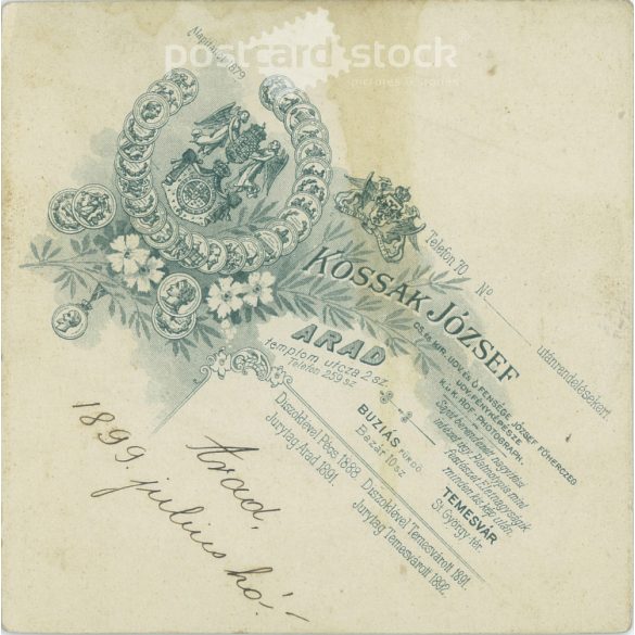 The work of the photography studio of József Kossak. Arad. Early 1900s. Studio photo of a young couple, Pepi and Juliska. Old photo, original cabinet photo / hardback photo. (2792579)