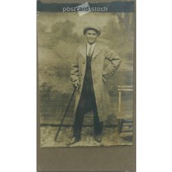   The work of the photography studio of Emil Keglovich. Szeged. Early 1900s. Unknown man with a walking stick, studio photo. Old photo, business card, CDV photo. (2792583)