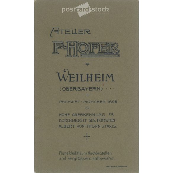 The work of Franz Hofer’s photography studio. Weilheim. Early 1900s. Photo of an unknown young man. Old photo, business card, CDV photo. (2792582)