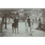 1908 - Noble couple on horseback. The creator of the picture and the identity of the people on it are unknown. Original paper image. Old photo. Black and white photo sheet, postcard. (2792591)