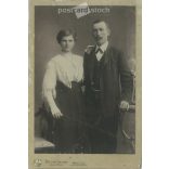 1910s. Full-length studio shot of an elegant married couple. Produced by the photography studio of István Locker, Munkács. Old photo, original cabinet photo / hardback photo. (2792597)