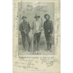   1891 - Budapest-Paris on foot. Photo with captions and signs. Original paper image. Old photo. Black and white photo sheet, old postcard. (2792601)