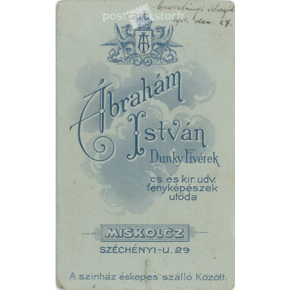1911 - Miskolc. István Ábrahám, the work of the Dunky Brothers photography studio. Photo by Margit Oroszlányi. Old photo, business card, CDV photo. (2792603)