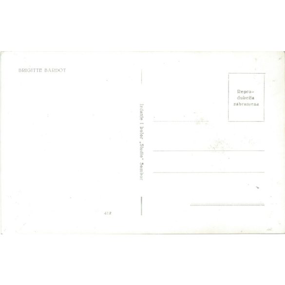 Brigitte Bardot is a French film star. Colored photo sheet reproduction, offset print. Old postcard. (2792612)