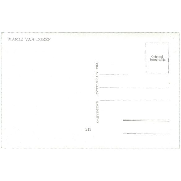 Mamie Van Doren is an American actress, singer and sex symbol. Colored photo sheet reproduction, offset print. Old postcard. (2792631)